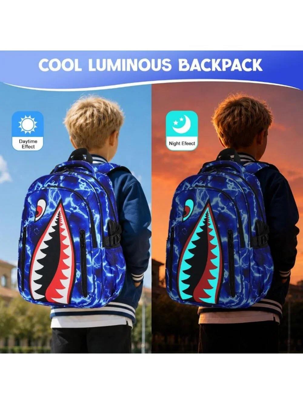 Cool Luminous Shark Backpack Set for Boys with Lunch Box - 4PCS Stylish School